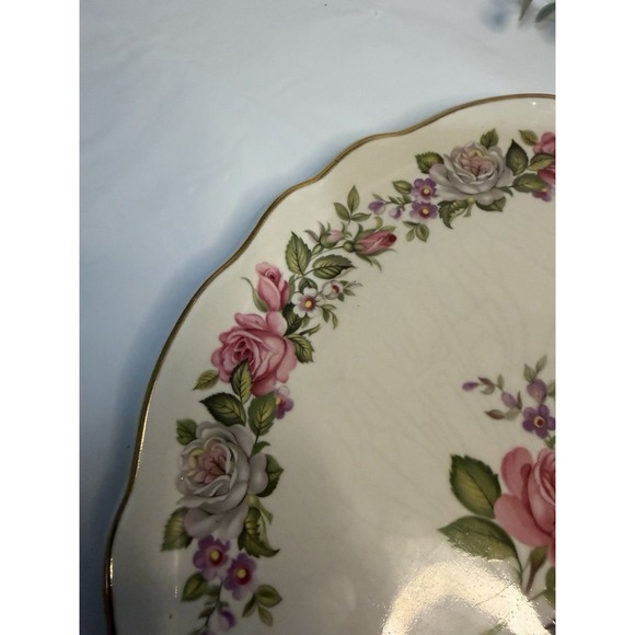 James Kent Old Foley Harmony Rose Cake Plate England Pink White Roses Fluted - Picture 6 of 6